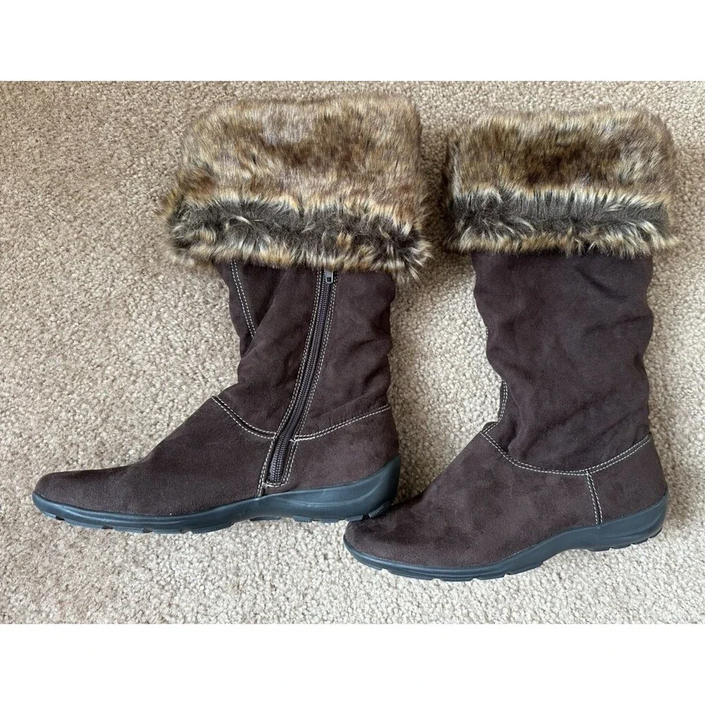 Natural Soul by Naturalizer Brown Faux Suede Tall Boots Faux Fur Trim Zip 6.5